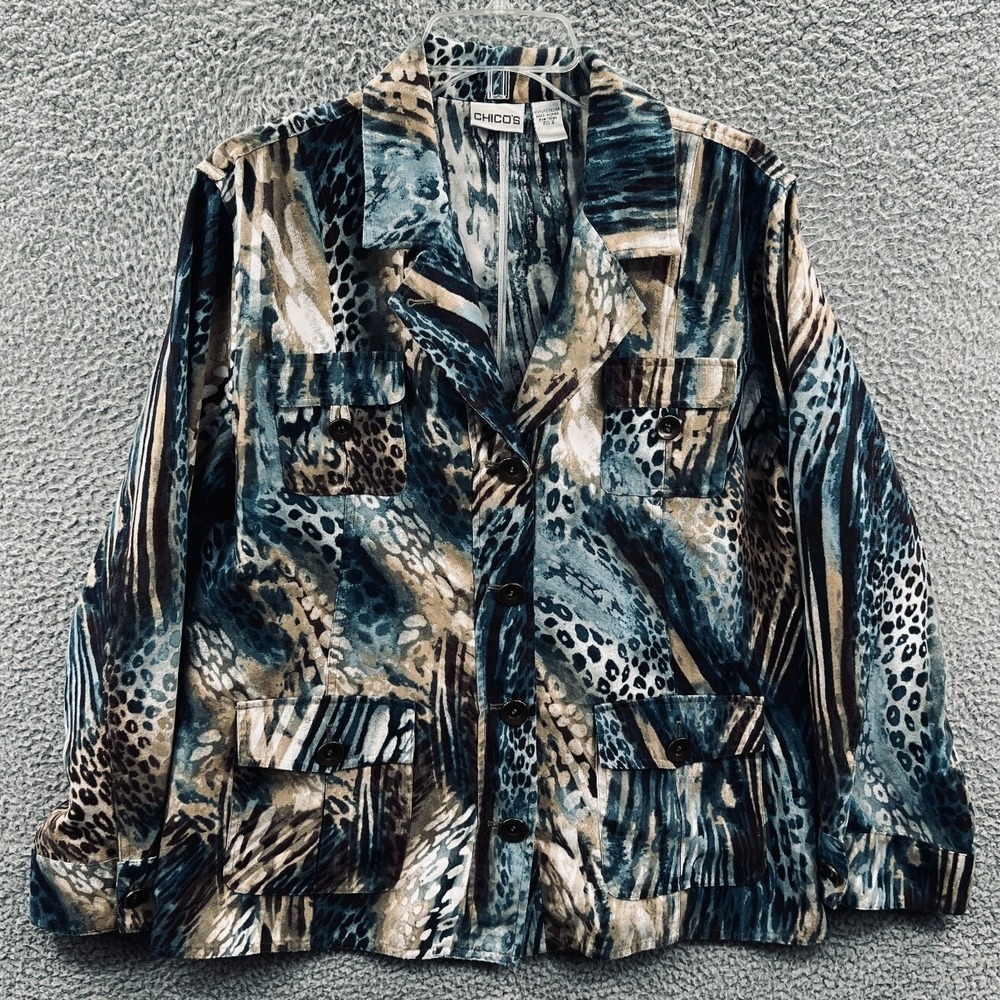 Chicos Womens Jacket L Animal Print Safari Utility Statement Artsy Statement